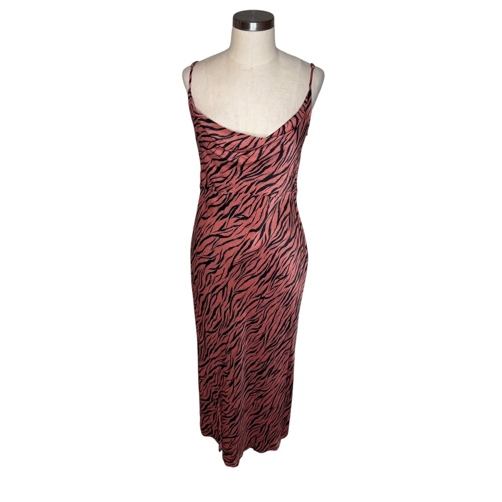 ANTHROPOLOGIE Elyse Midi Dress Terracotta Black Tiger Print Cowl Neck Women's M